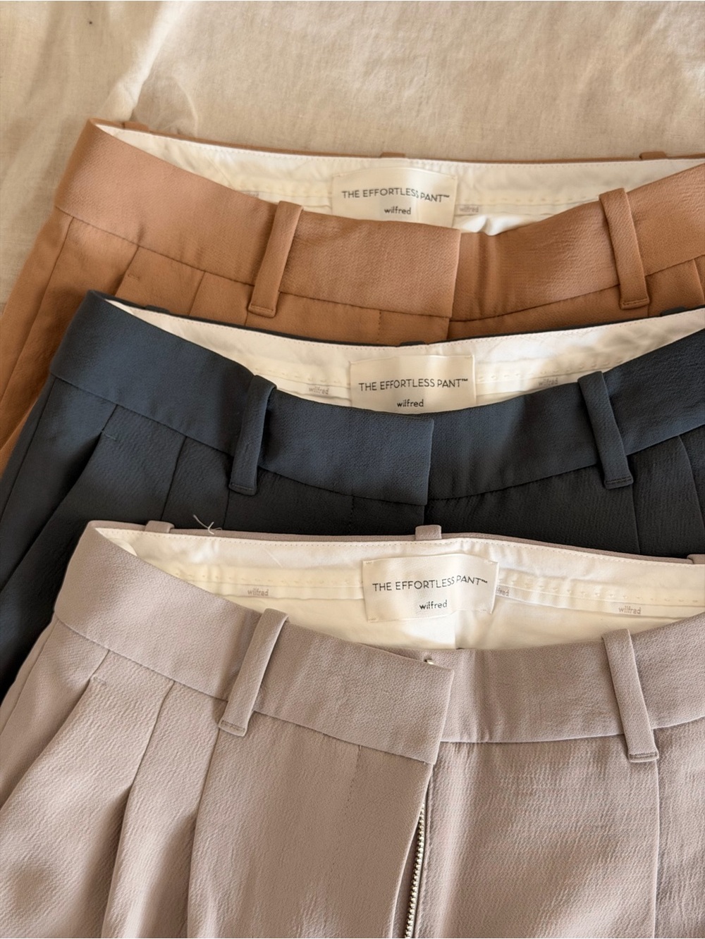 Wilfred effortless Pant Trio — Camel, Charcoal, Light Taupe